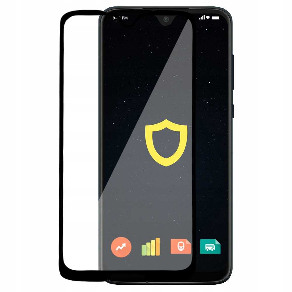 Smartfon z ochraniaczem ekranu. Telefon ma czarny ekran z żółtą tarczą. Ochraniacz jest przezroczysty.
