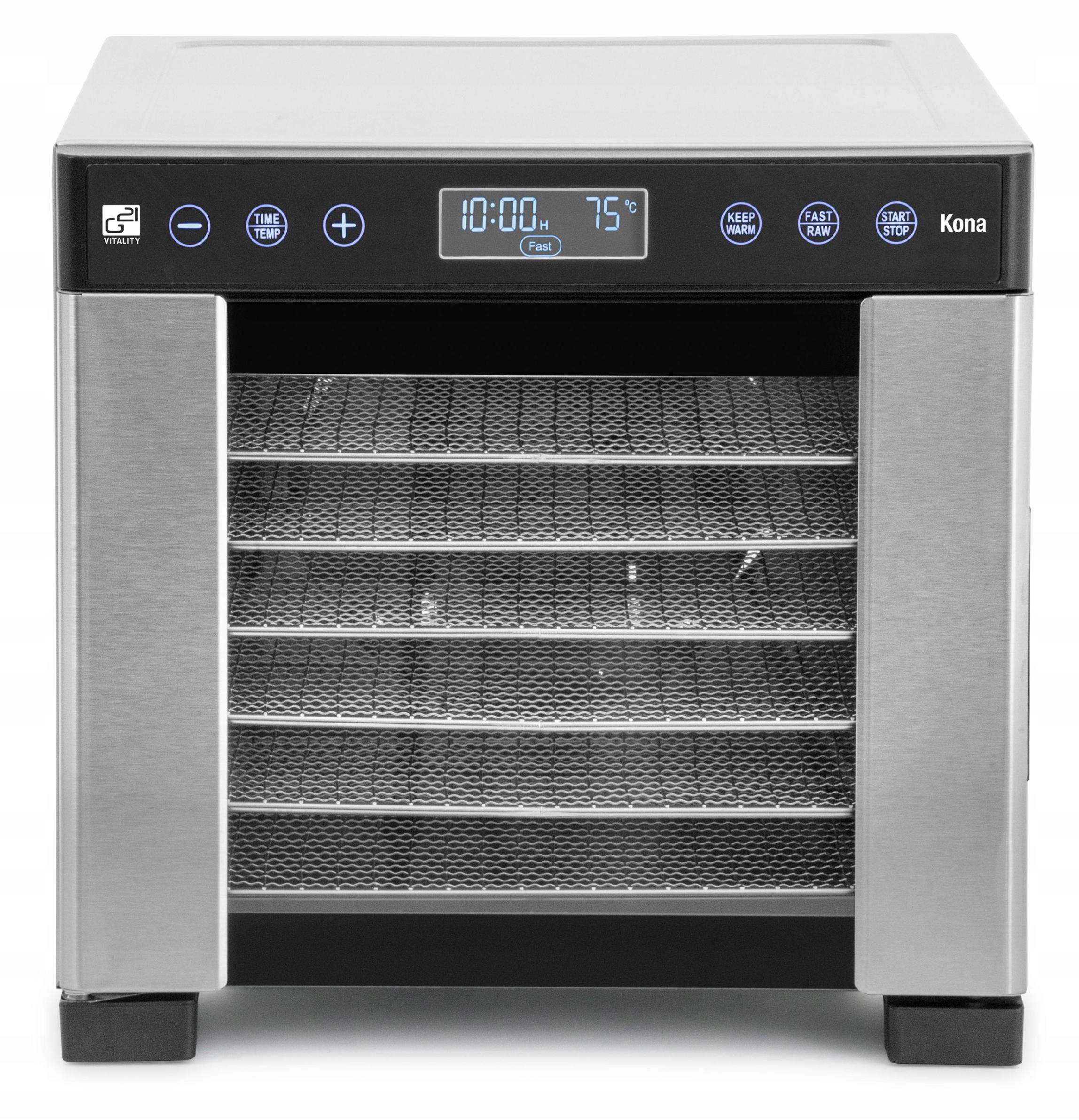 Srebrno-czarna suszarka do żywności z wieloma tacami. Wyświetlacz cyfrowy pokazuje czas i temperaturę.