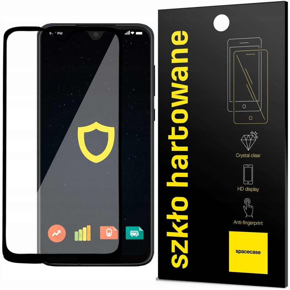 Smartfon z ochraniaczem ekranu. Czarny ekran z żółtą ikoną tarczy. Ochraniacz i opakowanie są widoczne.