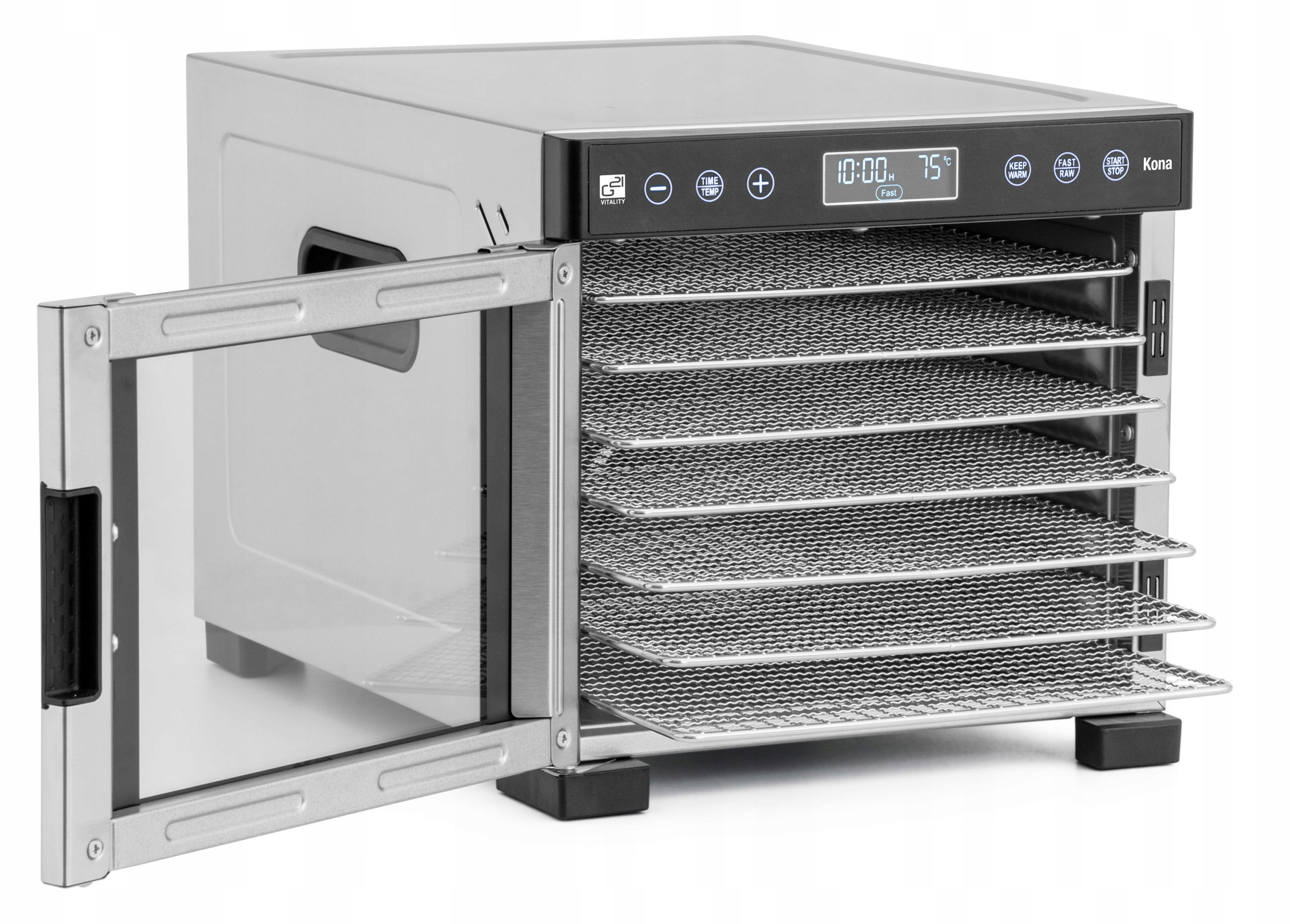 Suszarka do żywności, otwarta. Ma cyfrowy wyświetlacz i tace ze stali nierdzewnej w środku. Drzwi są otwarte.