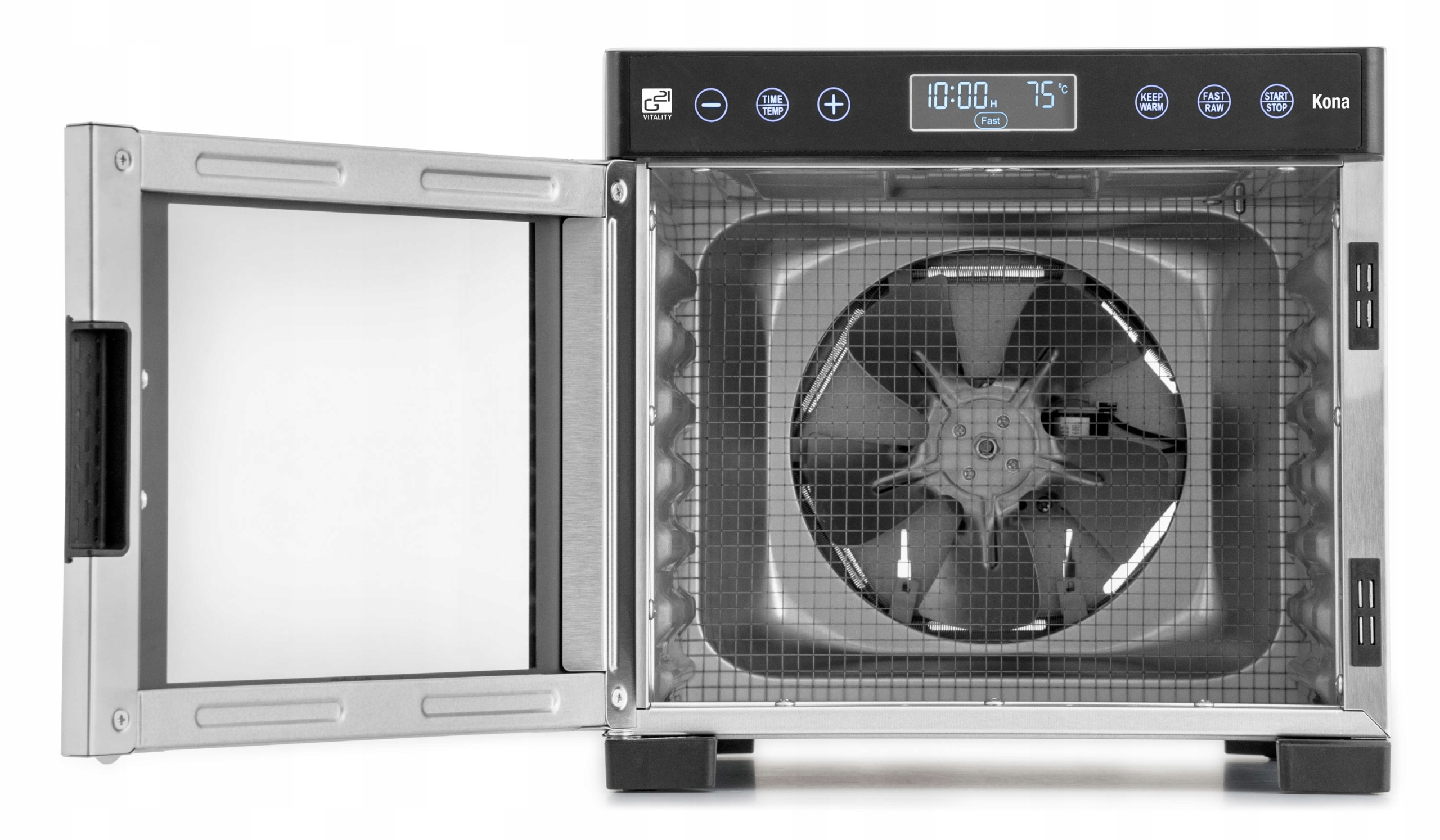 Srebrna suszarka z otwartymi drzwiami, odsłaniająca wentylator i metalowe półki w środku.