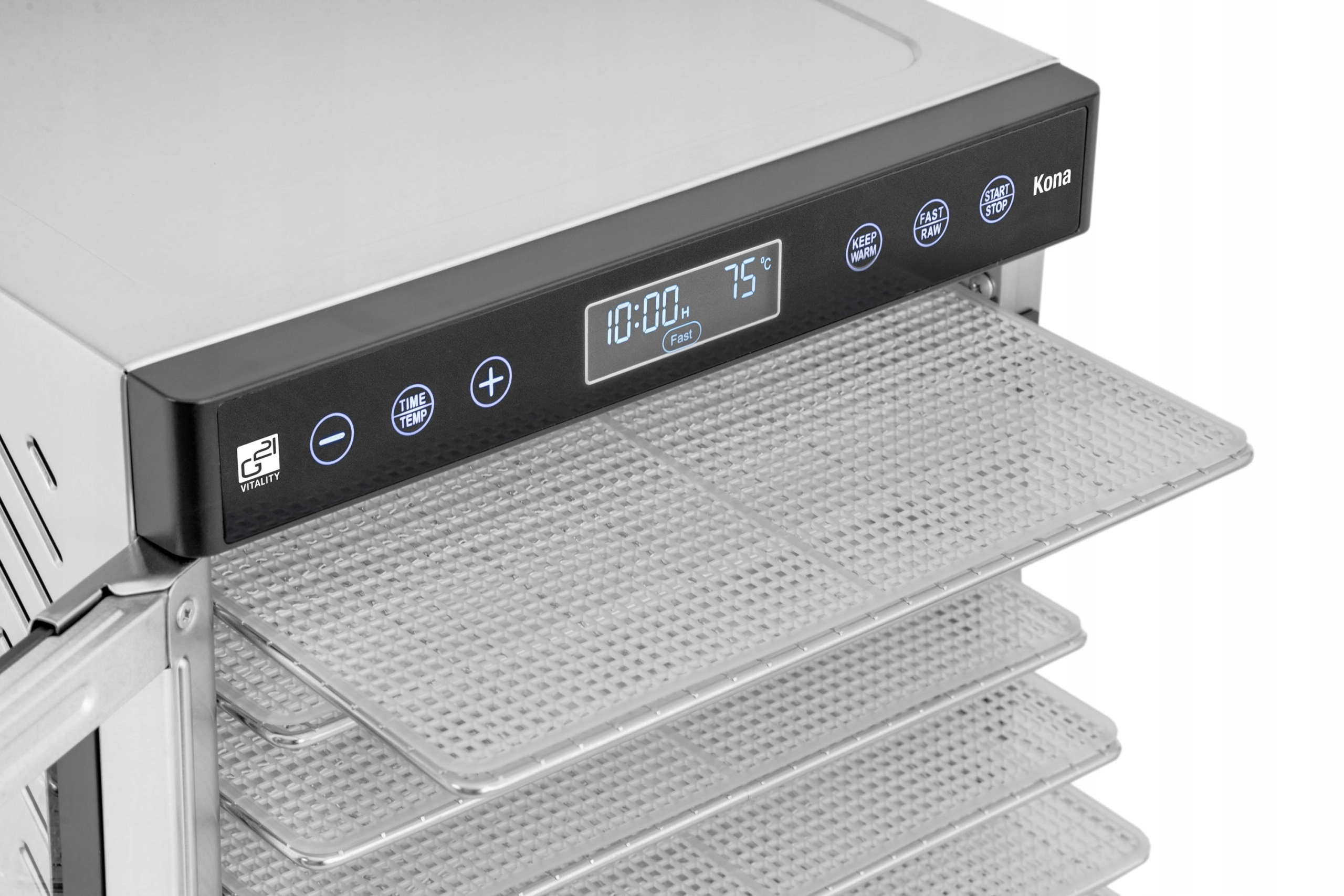 Zbliżenie panelu sterowania suszarki do żywności z wyświetlaczem cyfrowym i przyciskami.