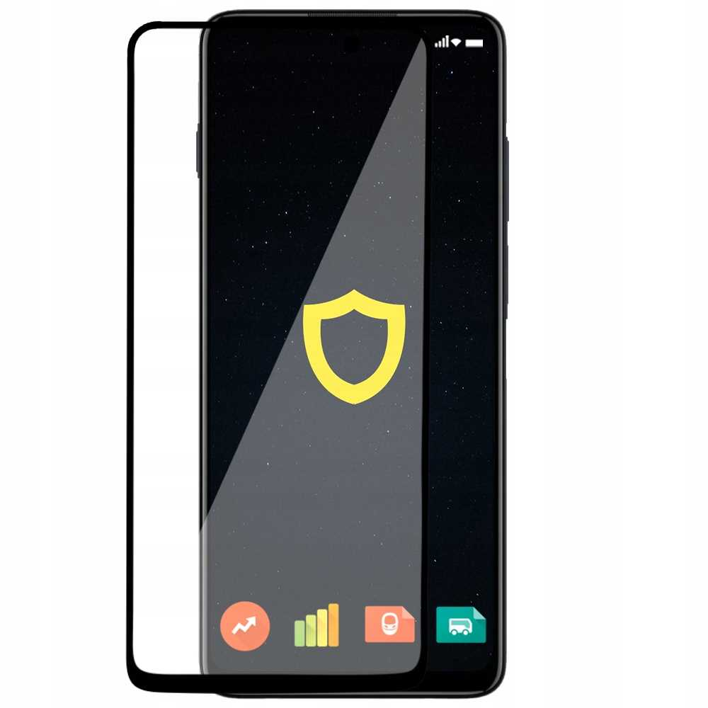 Telefon z ochraniaczem ekranu, żółtą ikoną tarczy i czarnym tłem po lewej stronie.