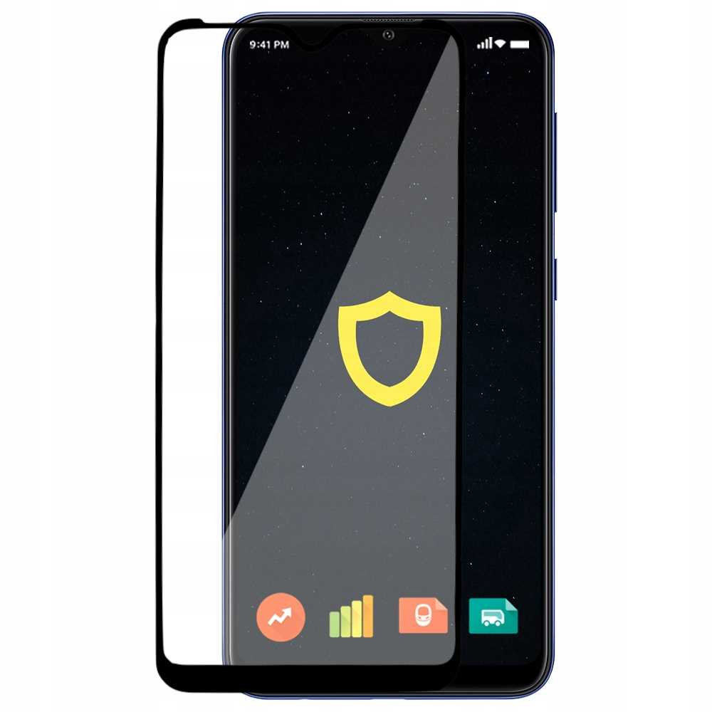 Smartfon z nałożonym ochraniaczem ekranu. Ekran wyświetla ikonę tarczy.