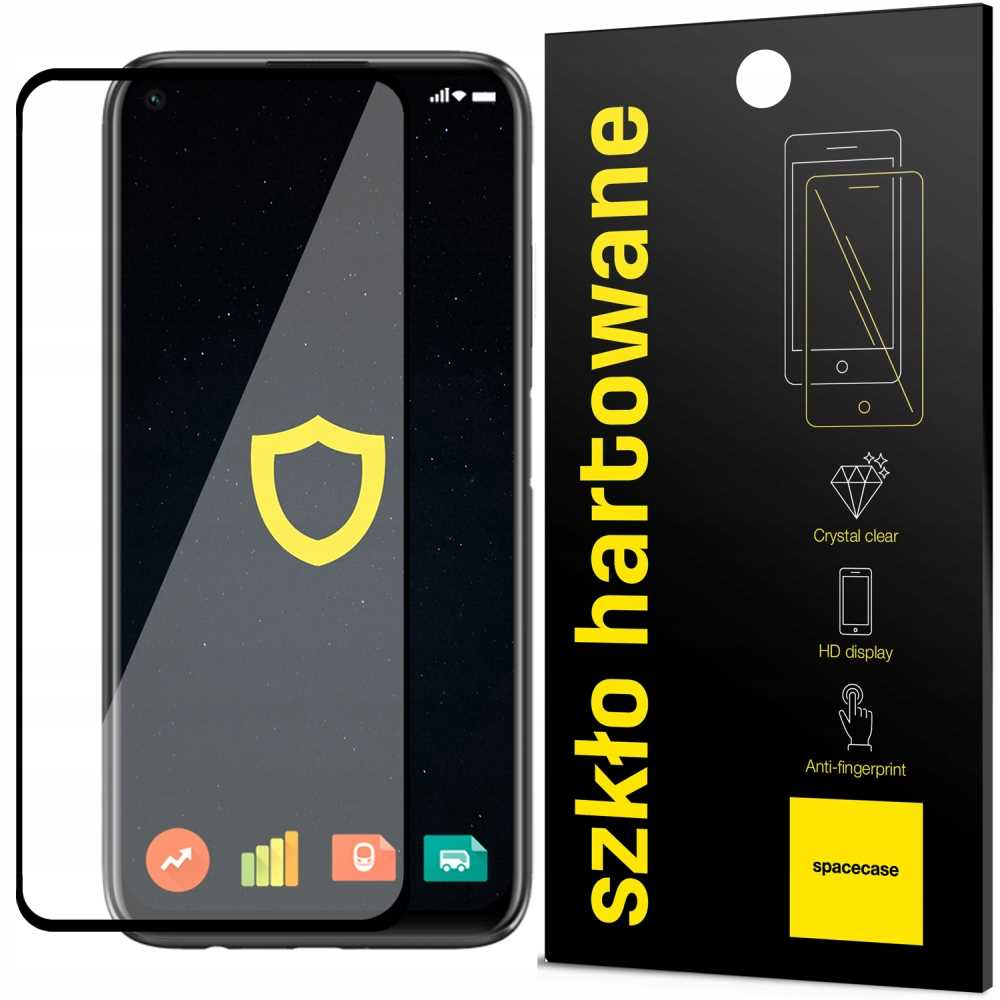 Telefon z ochraniaczem ekranu i czarnym opakowaniem. Ekran wyświetla ciemne, gwieździste tło i żółtą tarczę.