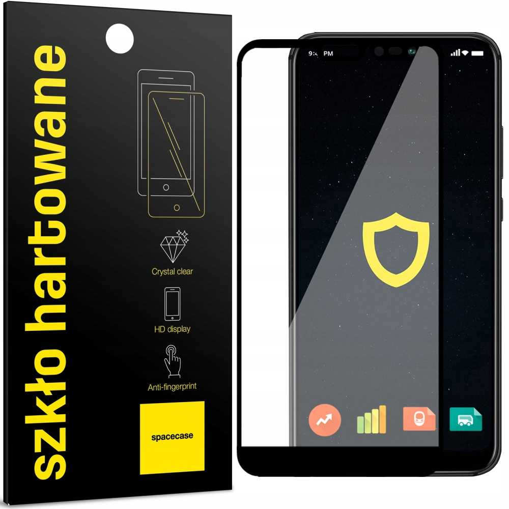 Telefon z ochraniaczem ekranu i czarnym opakowaniem. Ekran wyświetla ciemne, gwieździste tło i żółtą tarczę.