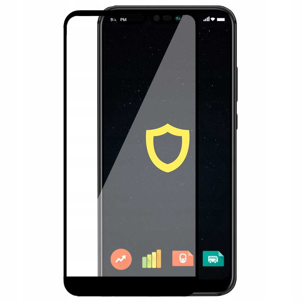 Telefon z ochraniaczem ekranu. Ekran wyświetla ciemne, gwieździste tło, żółtą tarczę i ikony aplikacji. Godzina 21:41.