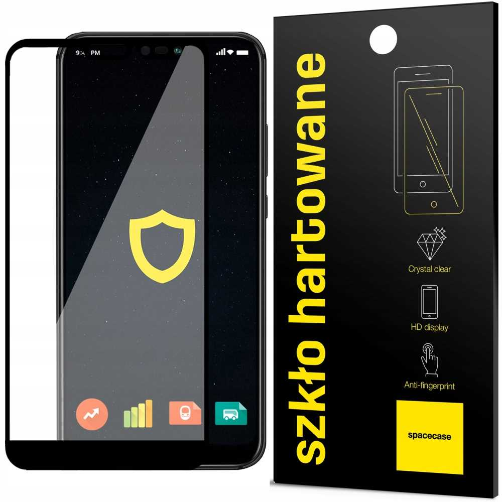 Telefon z nałożonym ochraniaczem ekranu, obok czarnego opakowania z żółtym tekstem i ikonami dla ochraniacza.