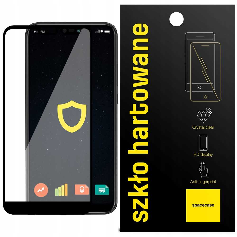 Telefon z osłoną ekranu. Ekran pokazuje żółtą ikonę tarczy.