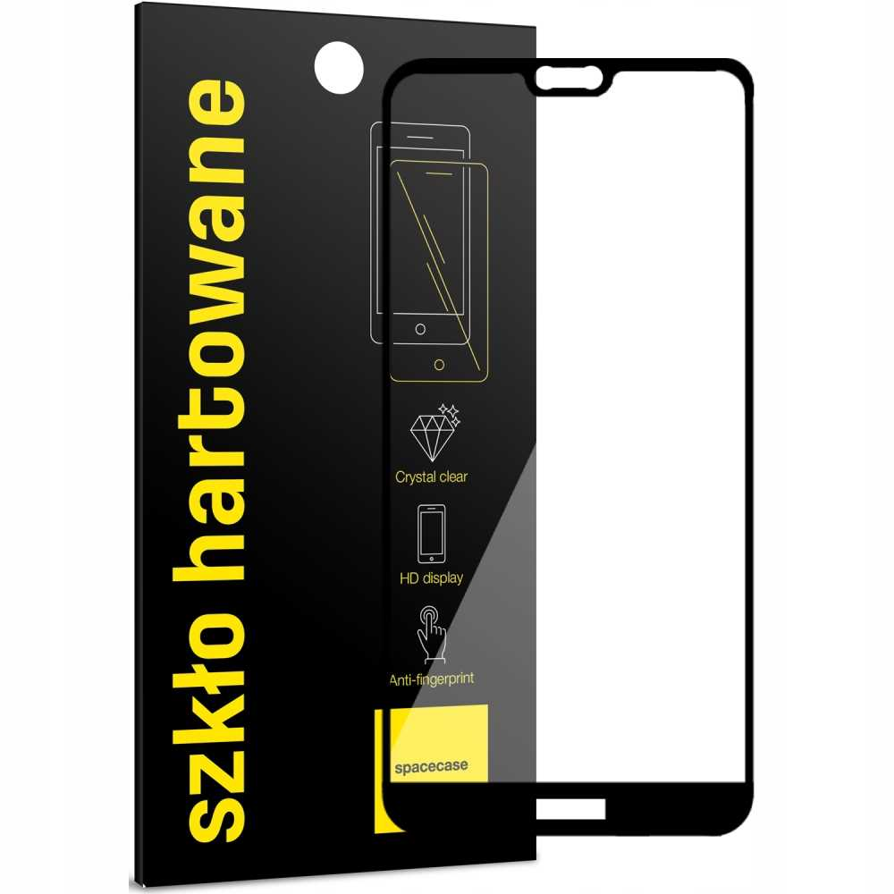 Czarny ochraniacz ekranu do telefonu. Czarno-żółte opakowanie po lewej, z obrysem telefonu.