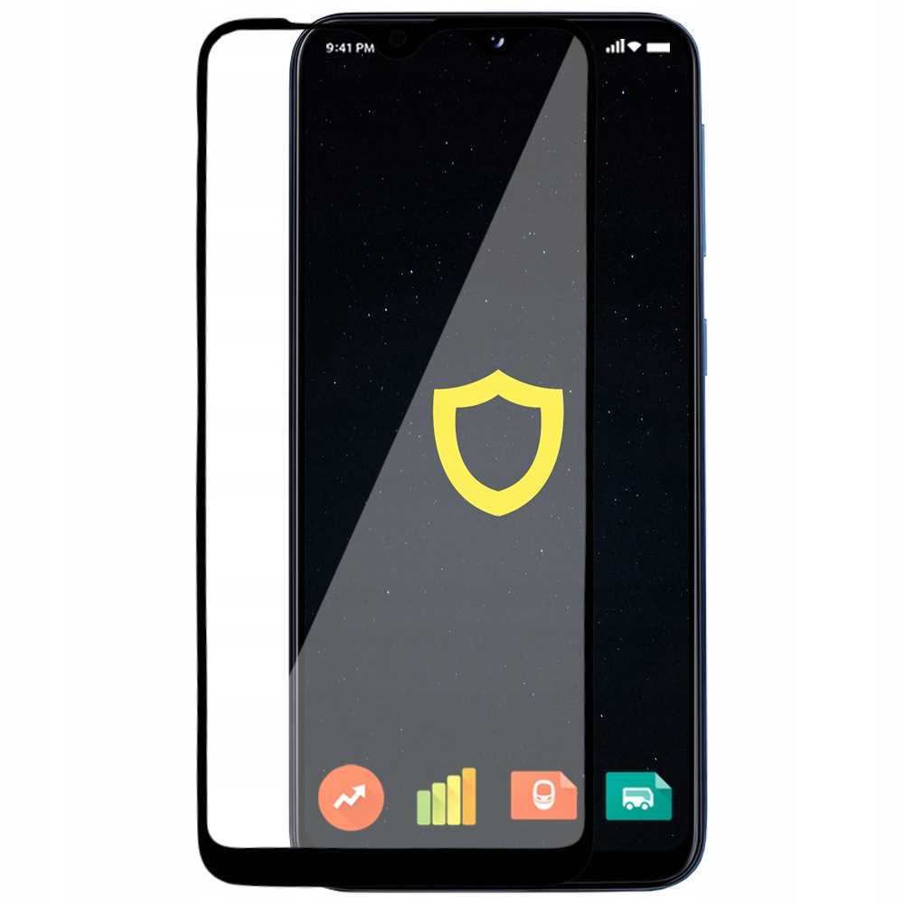 Smartfon z nałożonym ochraniaczem ekranu. Ekran wyświetla ikonę tarczy.