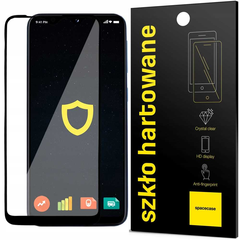 Telefon z osłoną ekranu. Żółta ikona tarczy na ekranie.