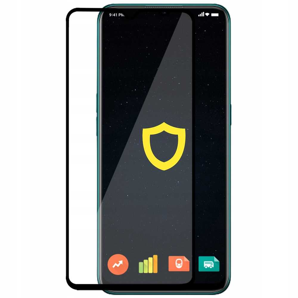 Telefon z ochraniaczem ekranu. Ekran pokazuje ikonę tarczy i ikony aplikacji. Czarne tło.