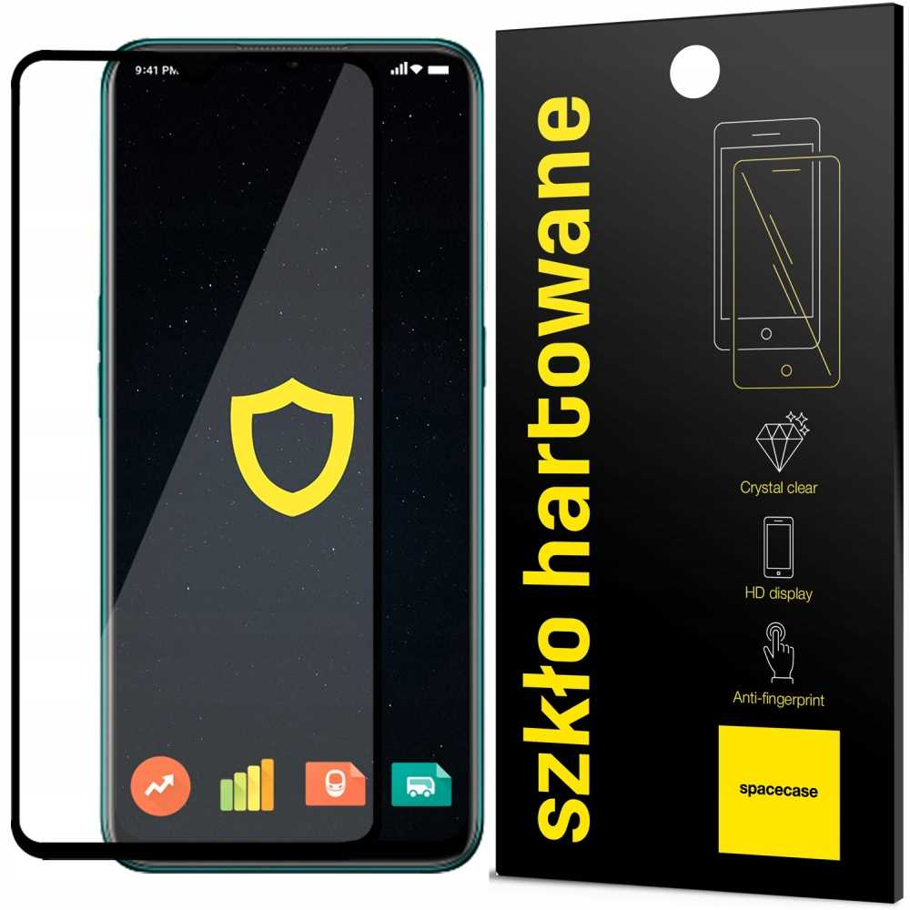 Telefon z ochraniaczem ekranu. Ekran pokazuje ikonę tarczy. Czarne tło z tekstem.