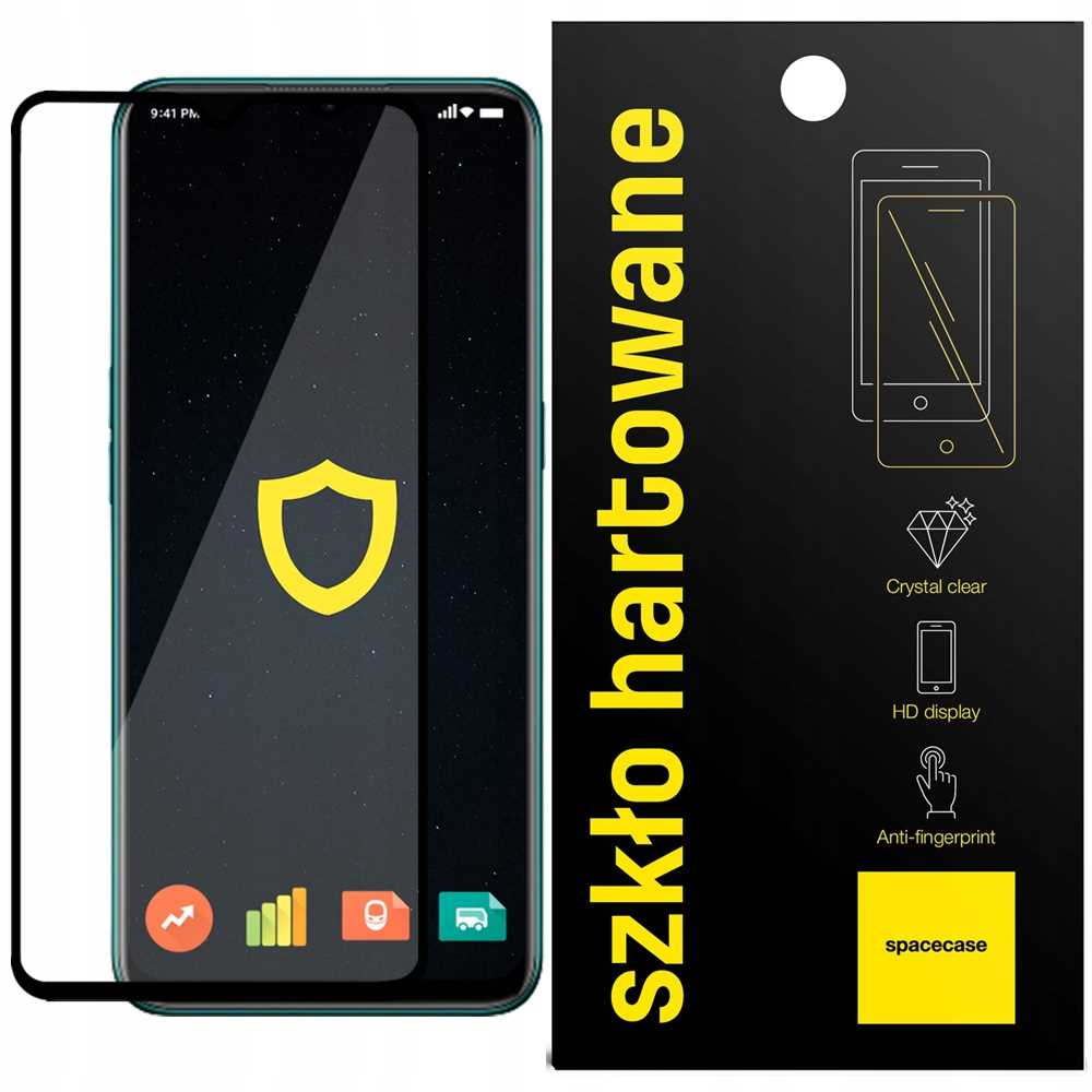 Telefon z ochraniaczem ekranu. Żółta ikona tarczy na ekranie. Czarno-żółte opakowanie obok.