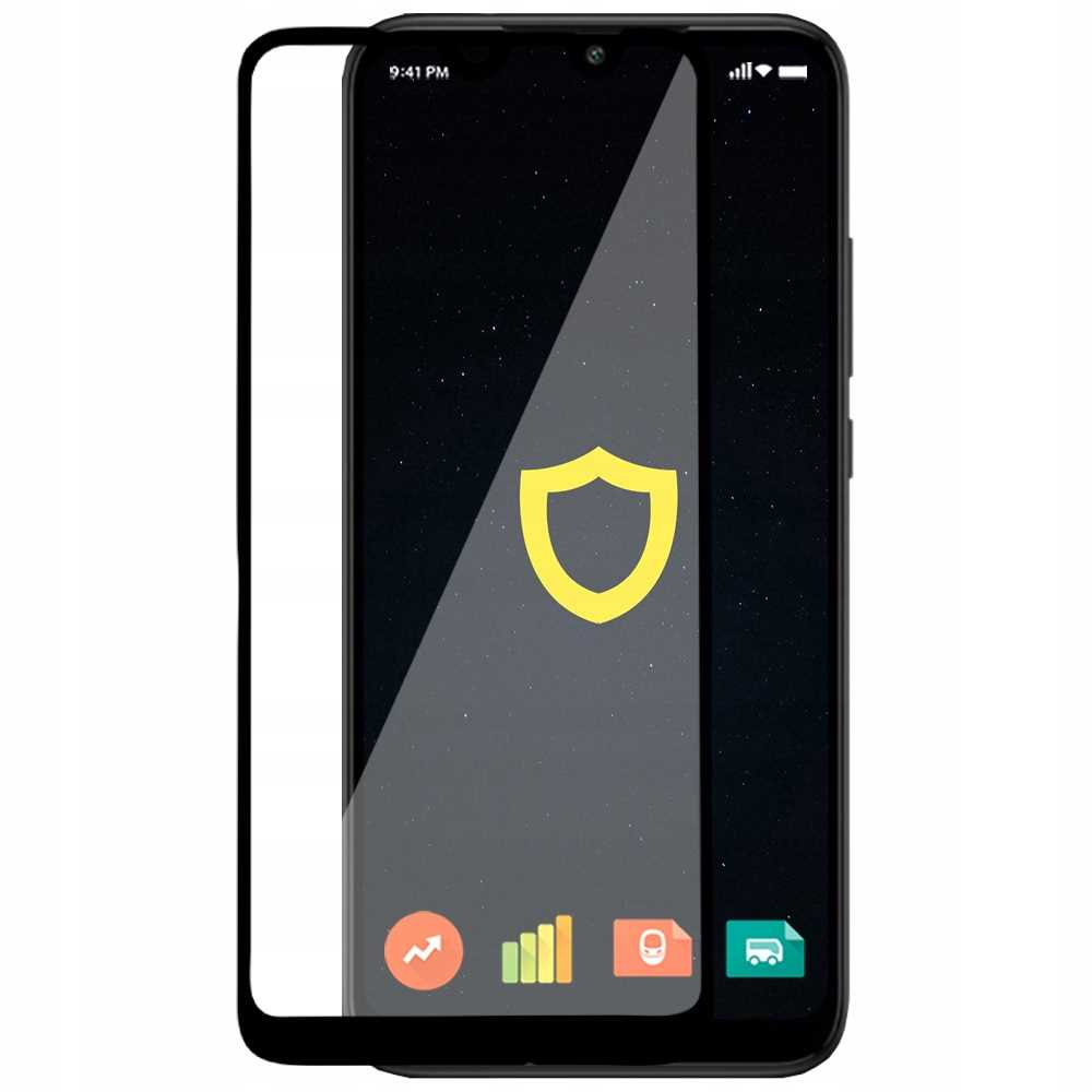 Telefon z ochraniaczem ekranu. Ekran pokazuje ikonę tarczy i ikony aplikacji. Czarne tło.