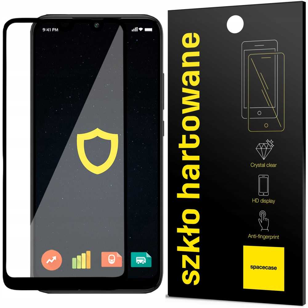 Telefon z ochraniaczem ekranu obok czarnego opakowania z żółtym tekstem i ikonami.