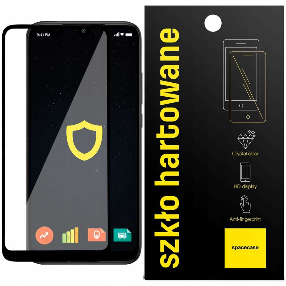 Smartfon z ochraniaczem ekranu, wyświetlający ikonę tarczy. Pudełko po prawej stronie.