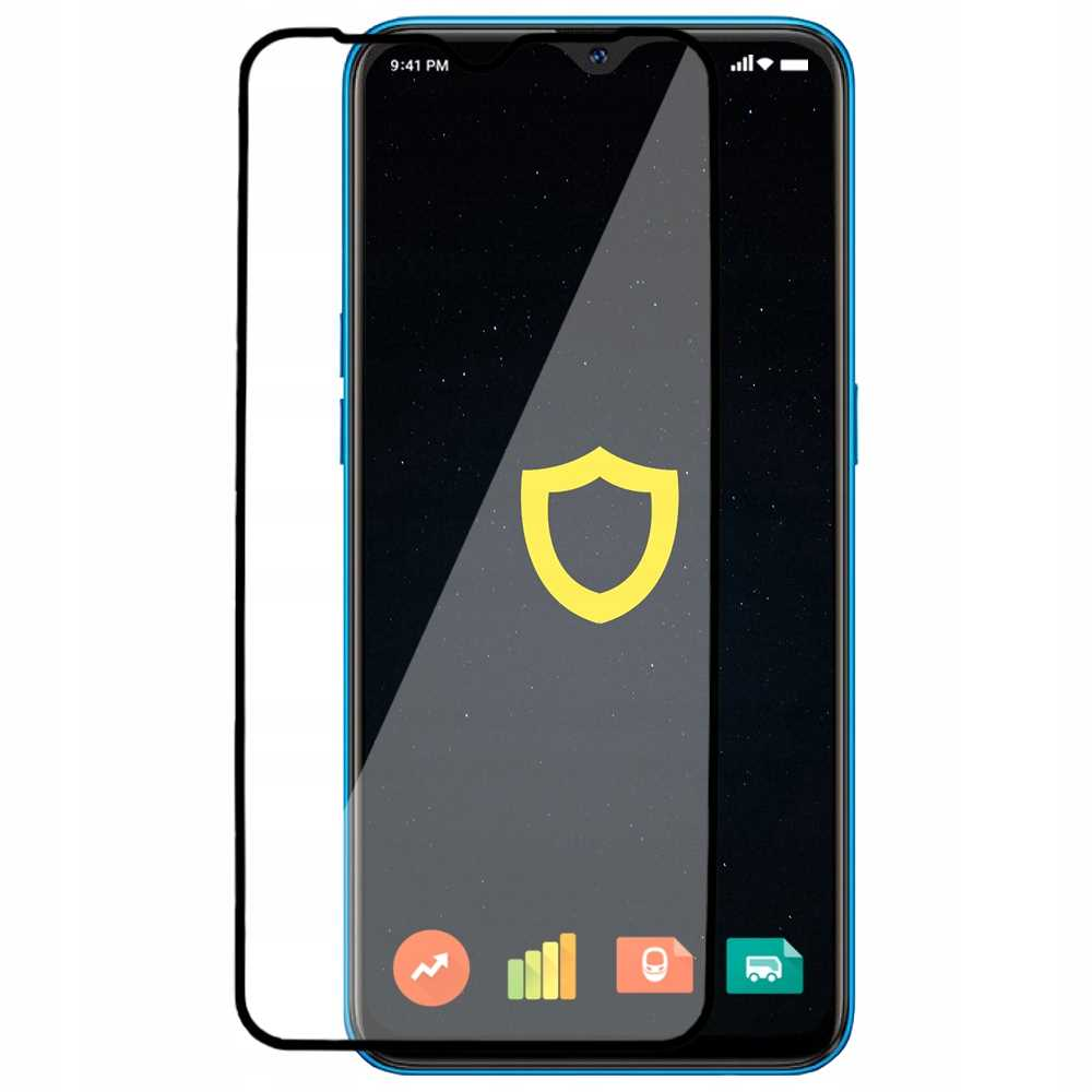 Ekran telefonu z ikoną tarczy, chroniony przez ochraniacz ekranu. Wyświetla ikony aplikacji i czas.