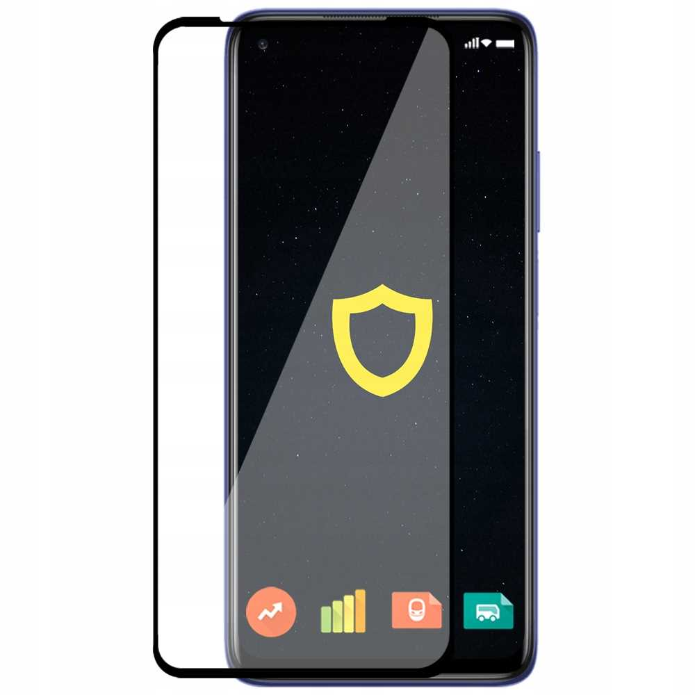 Telefon z ochraniaczem ekranu. Żółta ikona tarczy na ekranie. Czarny ekran z ikonami na dole.