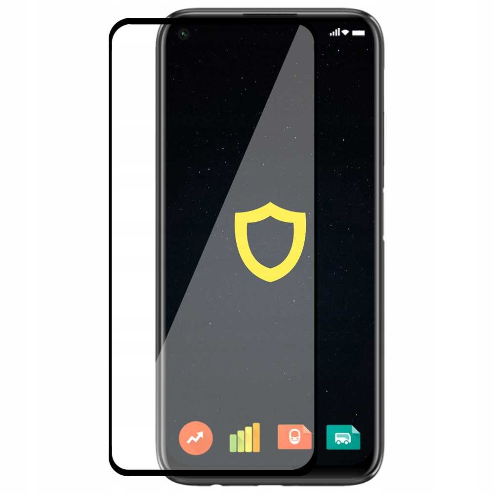 Ekran telefonu z ikoną tarczy, chroniony przez ochraniacz ekranu. Wyświetla ikony aplikacji.