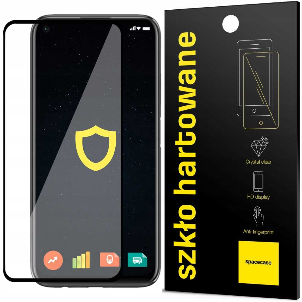 Telefon z ochraniaczem ekranu obok czarnego opakowania z żółtym tekstem i ikonami.