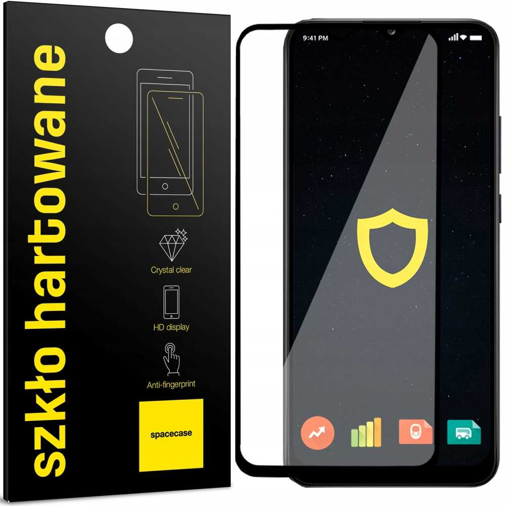 Smartfon z ochraniaczem ekranu obok czarno-żółtego opakowania ze szczegółami produktu.
