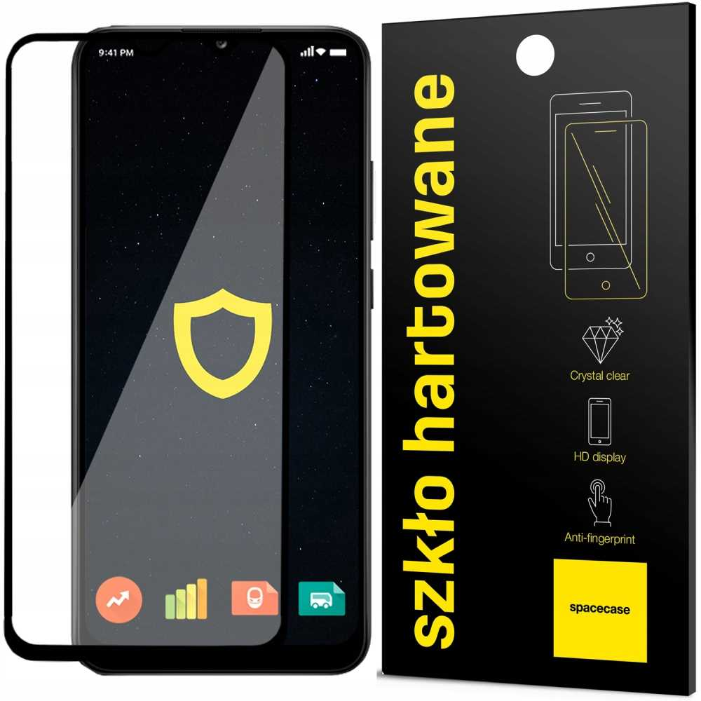 Smartfon z ochraniaczem ekranu, pokazujący ikonę tarczy na ekranie i opakowanie produktu.