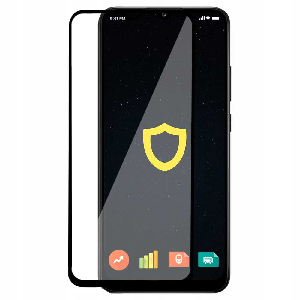Smartfon z osłoną ekranu, pokazujący ikonę tarczy i ikony aplikacji na czarnym tle.