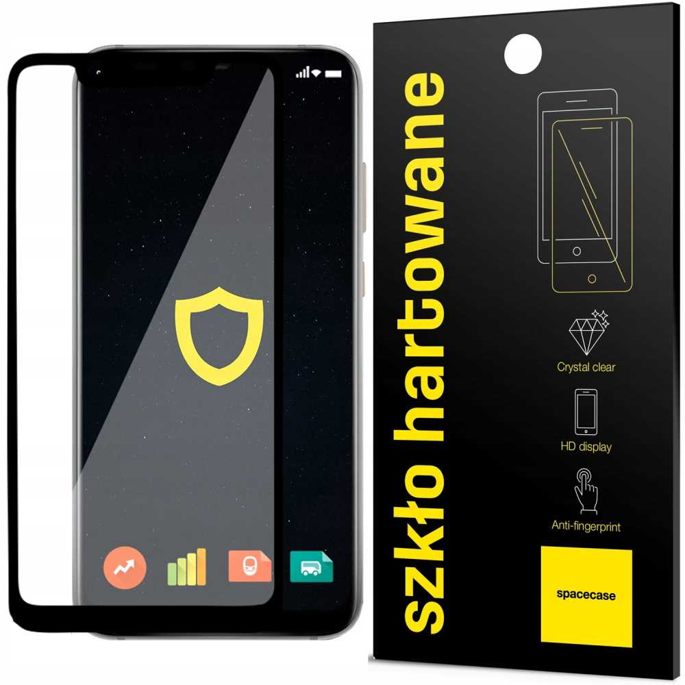 Telefon z ochraniaczem ekranu i opakowaniem. Telefon wyświetla ikonę tarczy. Opakowanie cechy ochraniacza.