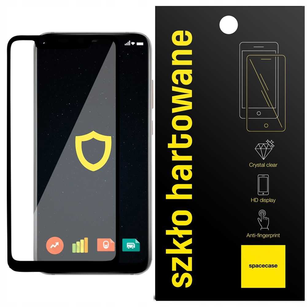 Smartfon z osłoną ekranu, ikoną tarczy i opakowaniem z tekstem 'szkło hartowane' oraz obrysem telefonu.