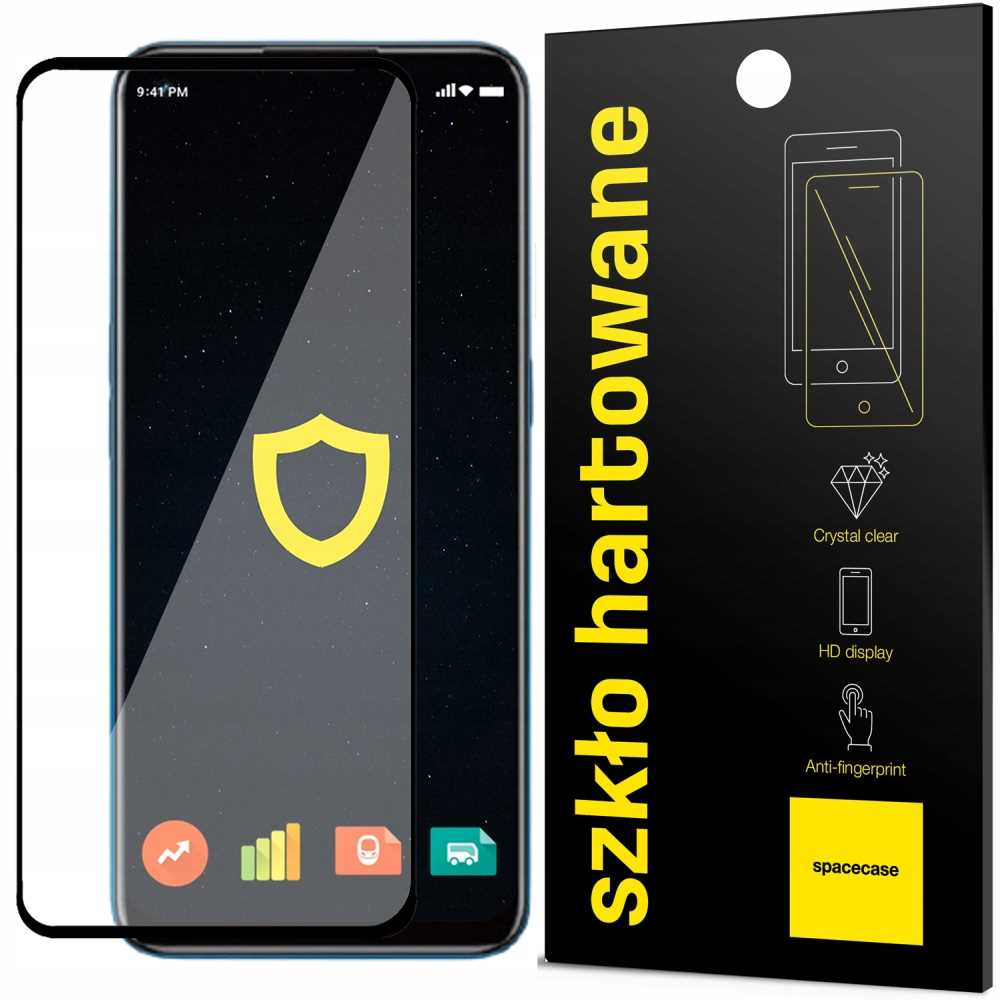 Telefon z ochraniaczem ekranu i opakowaniem. Telefon wyświetla ikonę tarczy. Opakowanie cechy ochraniacza.