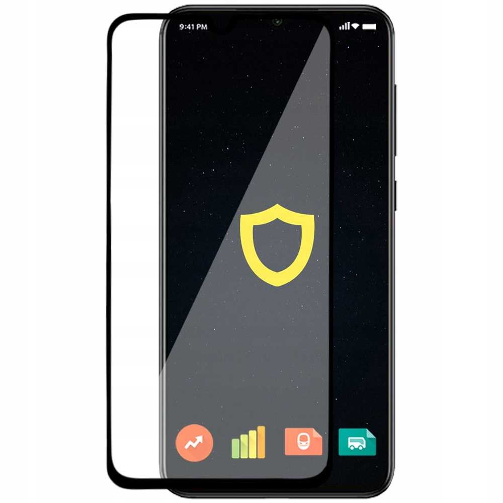 Smartfon z nałożonym ochraniaczem ekranu, wyświetlający ikonę tarczy. Godzina 21:41.