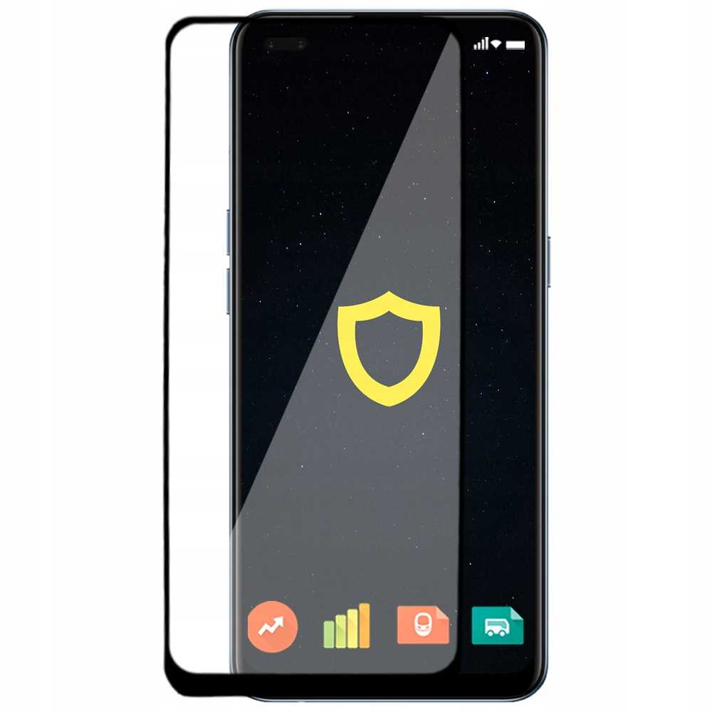 Smartfon z ochraniaczem ekranu, z ikoną tarczy na wyświetlaczu.