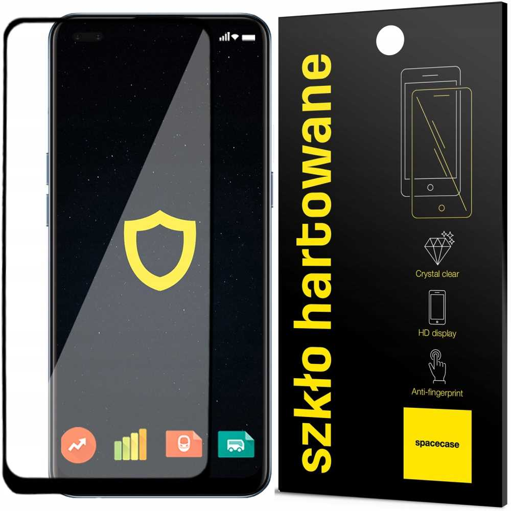 Smartfon z ochraniaczem ekranu i żółtą ikoną tarczy na ekranie.