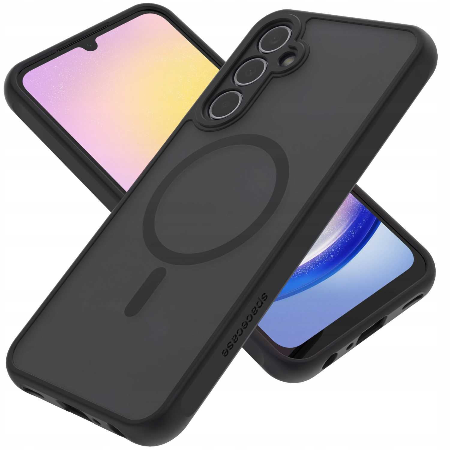 Dwa telefony z czarnymi etui, prezentujące czarne etui z okrągłym magnesem i telefonem.