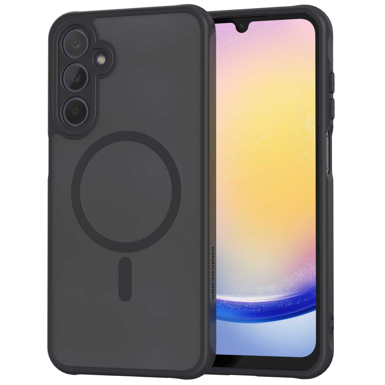 Czarna obudowa telefonu z magnetycznym kołem z tyłu, obok telefonu z ekranem.