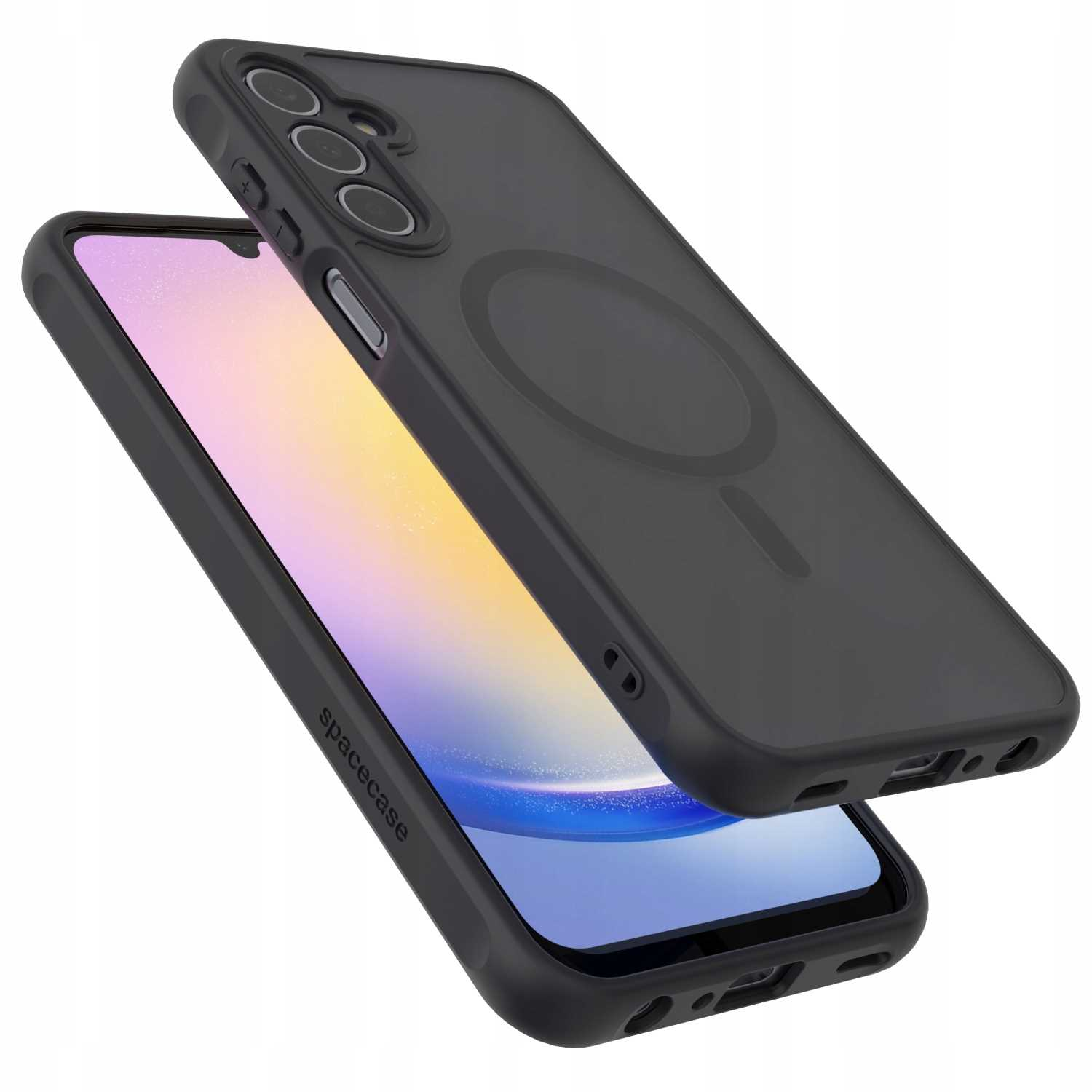 Czarne etui na telefon z telefonem w środku. Etui ma magnetyczny pierścień z tyłu. Widoczny ekran telefonu.