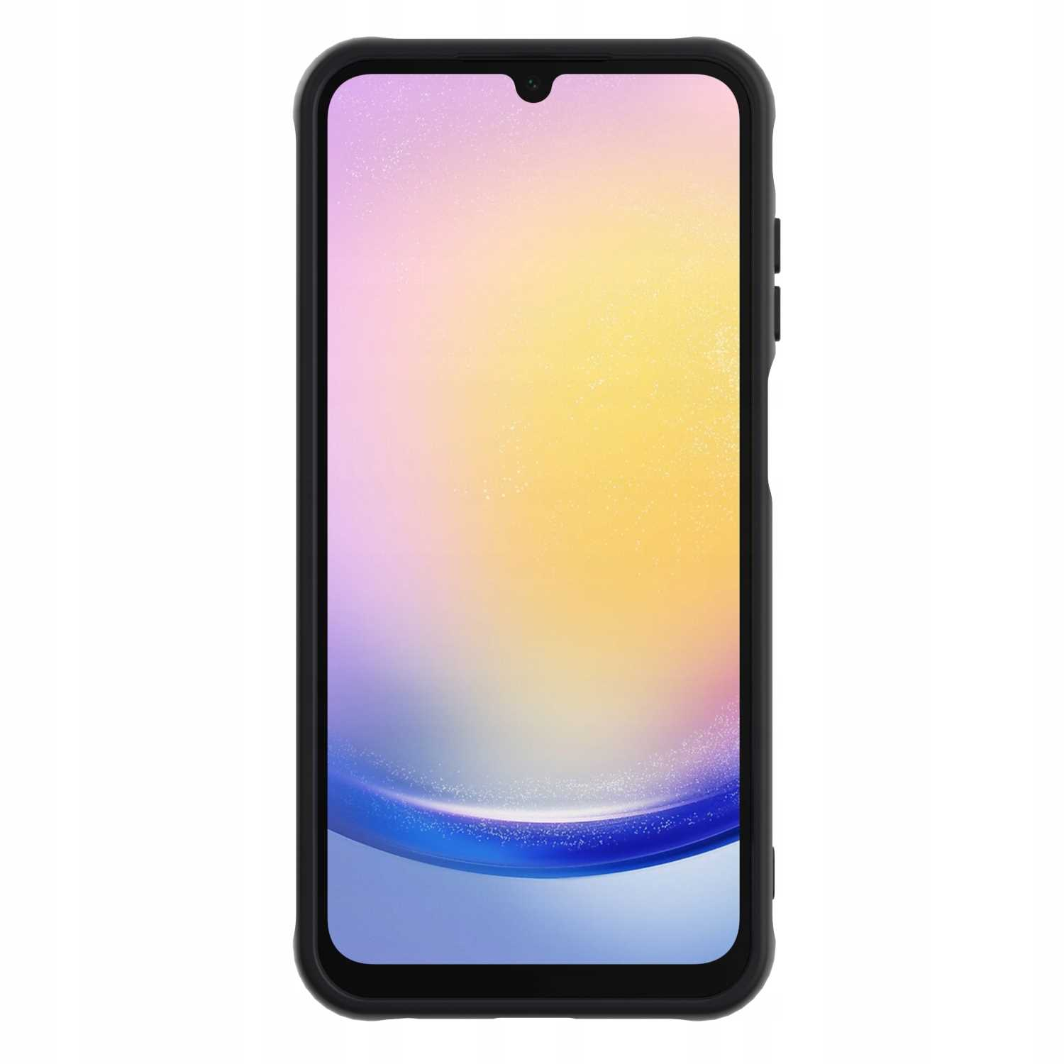 Czarny smartfon w etui. Ekran wyświetla gradient żółto-niebieski.