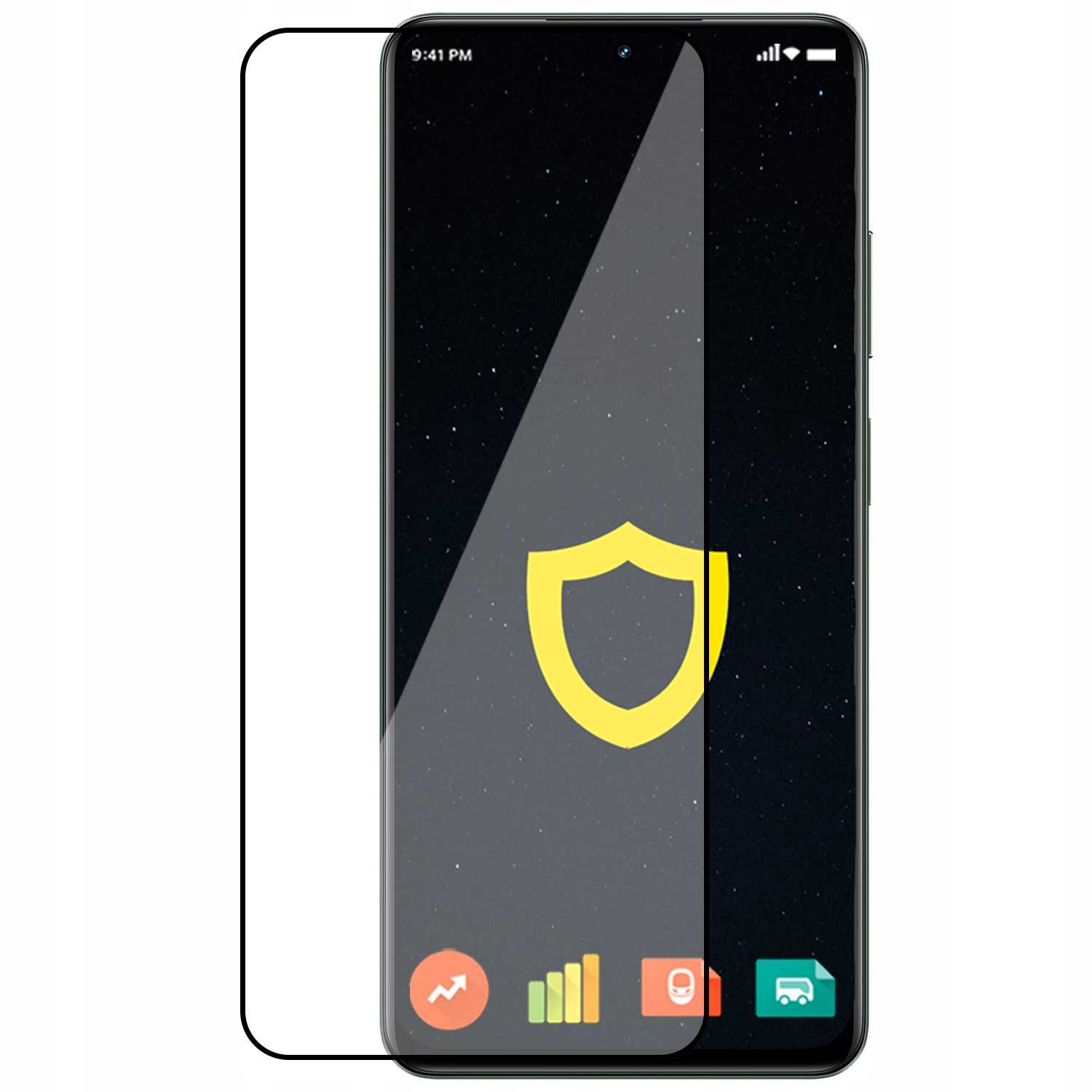 Smartfon z ochroną ekranu. Ekran wyświetla ikonę tarczy i ikony aplikacji.