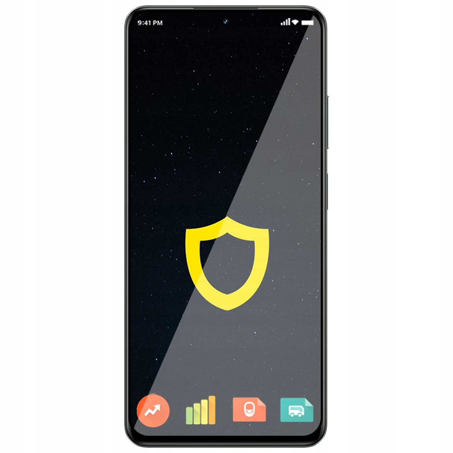 Smartfon z ikoną tarczy na ekranie i ikonami aplikacji na dole.