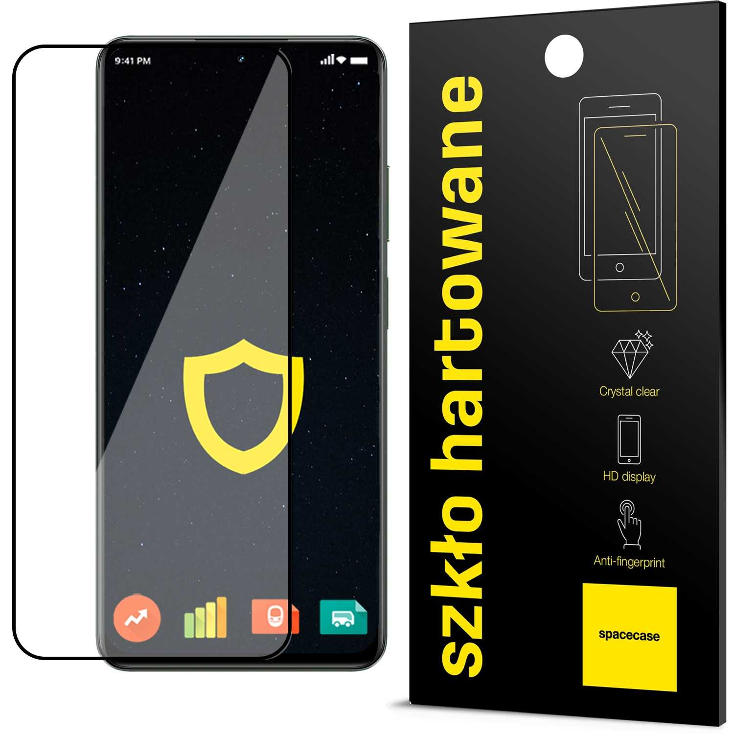 Smartfon z ochraniaczem ekranu obok czarno-żółtego opakowania ze szczegółami produktu.