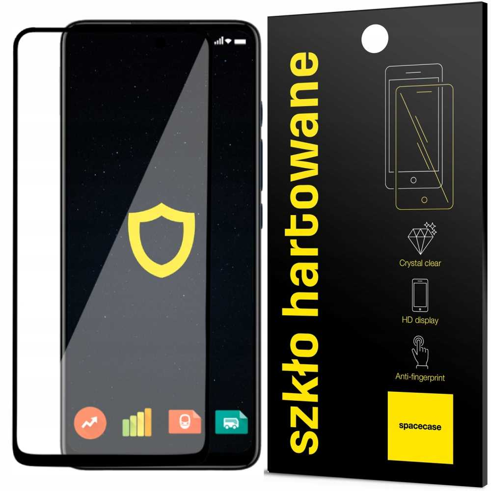 Smartfon i pudełko wyświetlające szczegóły ochrony ekranu. Ekran pokazuje tarczę.