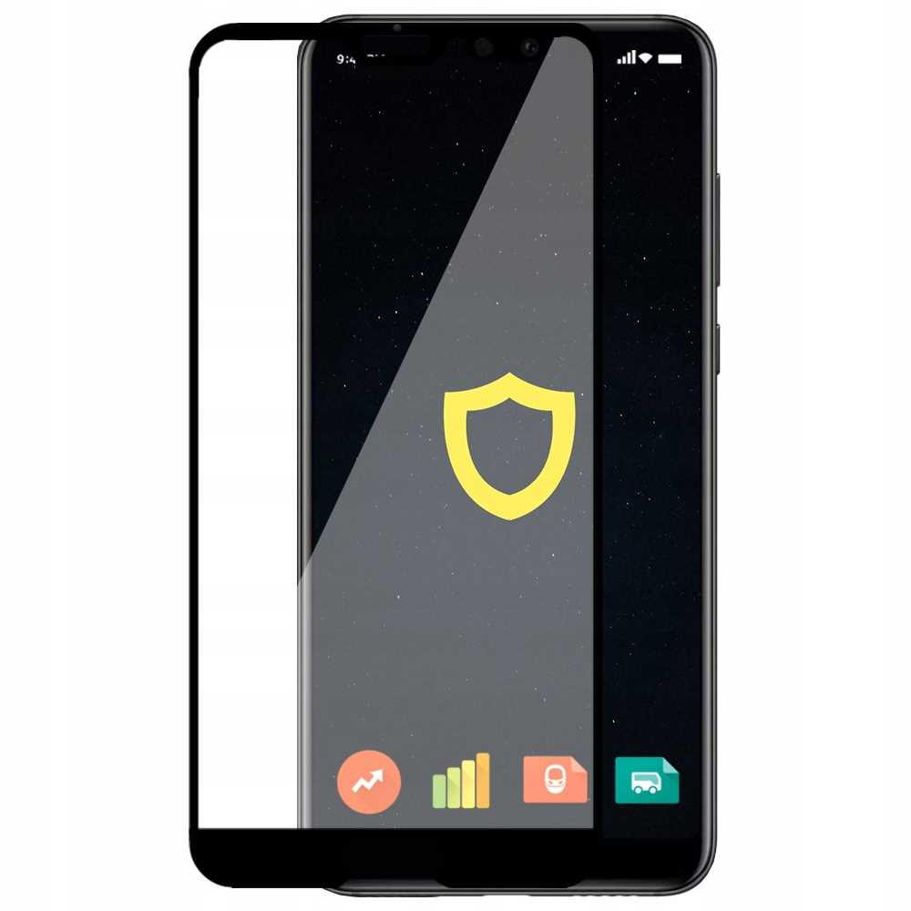 Smartfon i ochrona ekranu. Ekran pokazuje ikonę tarczy i ikony aplikacji na dole.