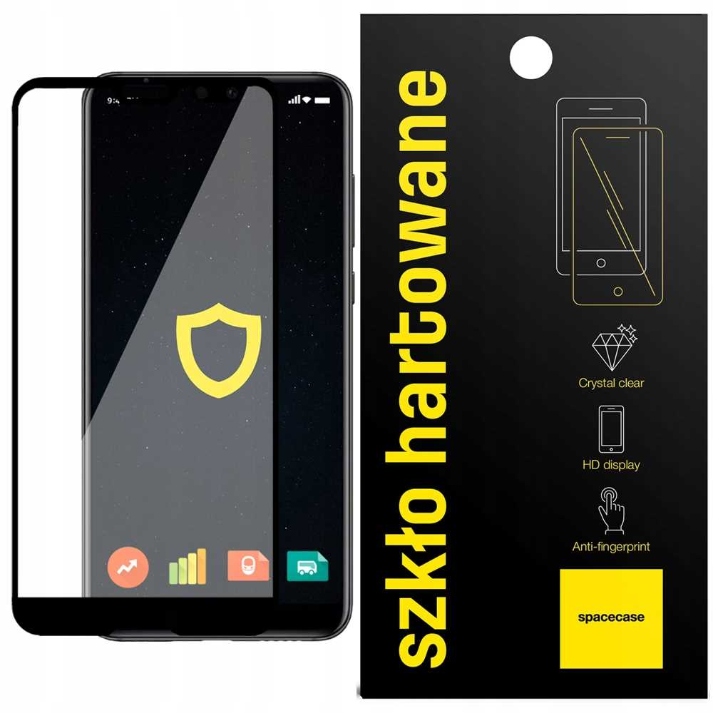 Smartfon z ochraniaczem ekranu obok czarno-żółtego opakowania ze szczegółami produktu.