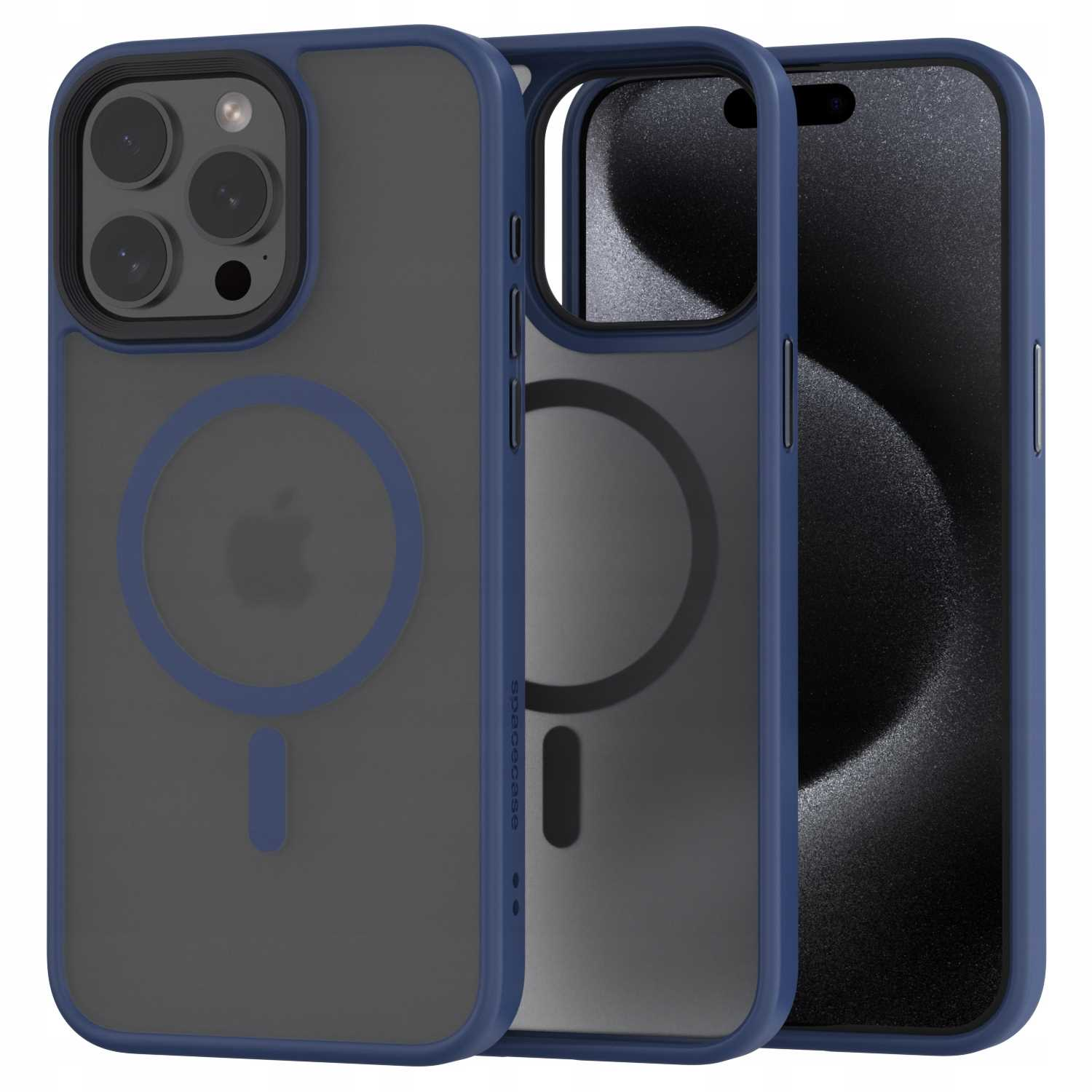 Etui na telefon z niebieską ramką i szarym tyłem, z logo Apple.