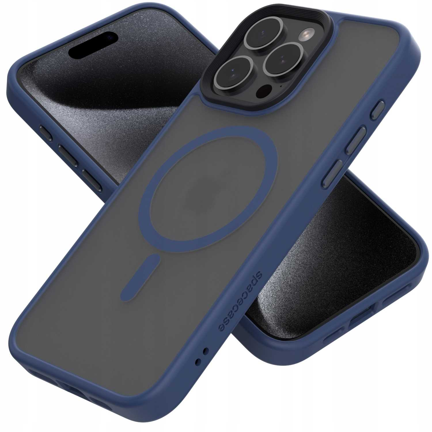 Etui na telefon z niebieską ramką i szarym tyłem, z logo Apple.