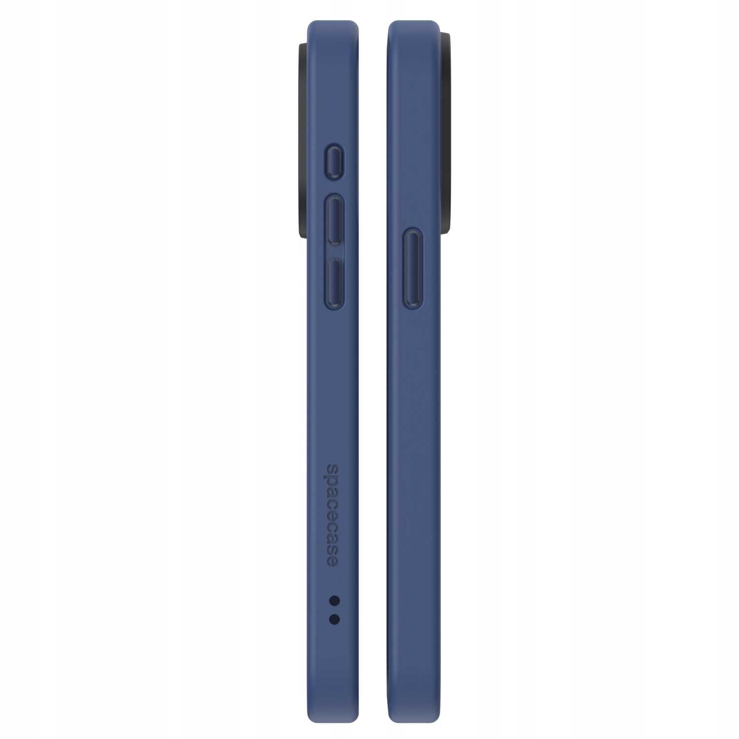Dwa widoki z boku niebieskiego etui na telefon. Posiada markę spacecase.