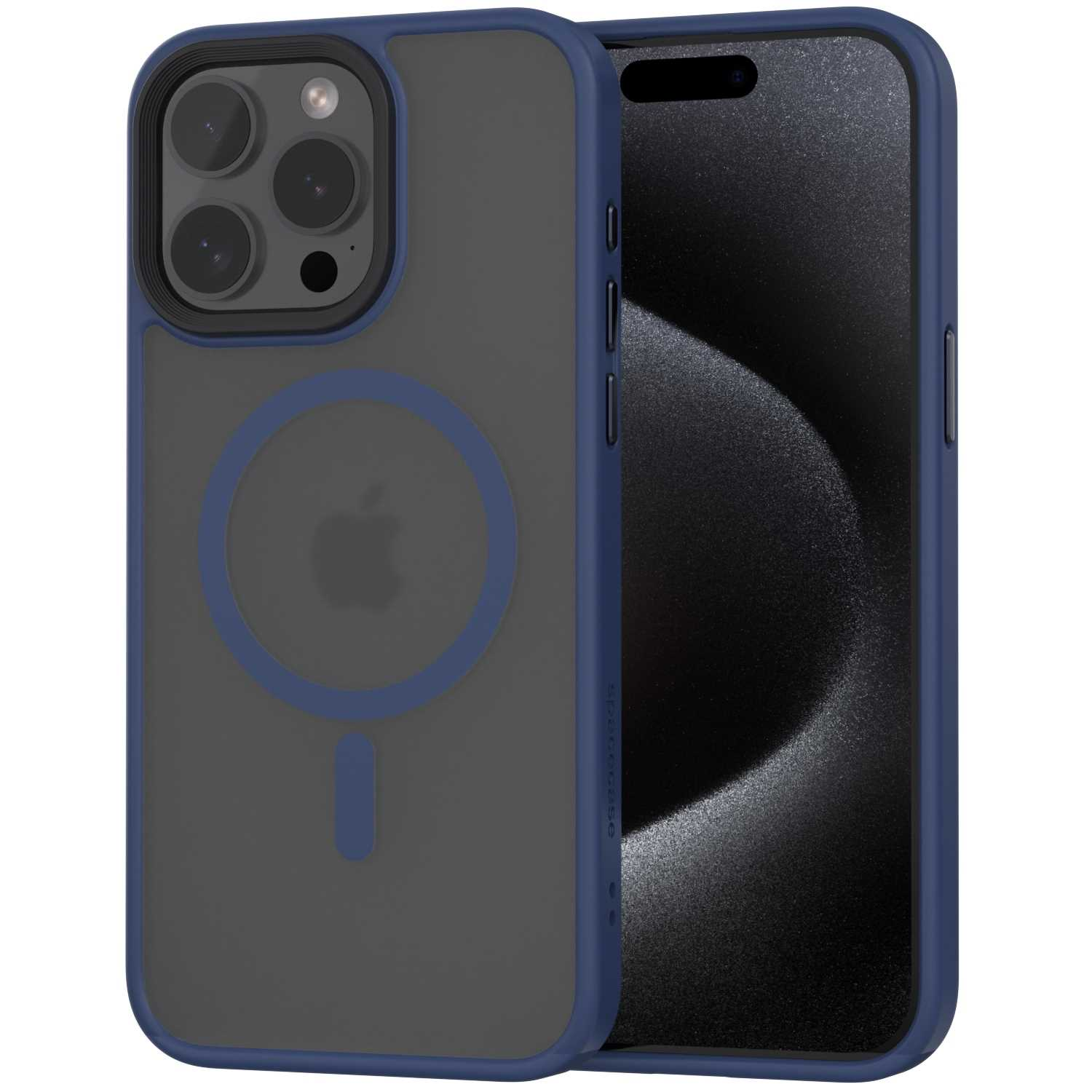 Etui na telefon z niebieską ramką i szarym tyłem, z logo Apple.