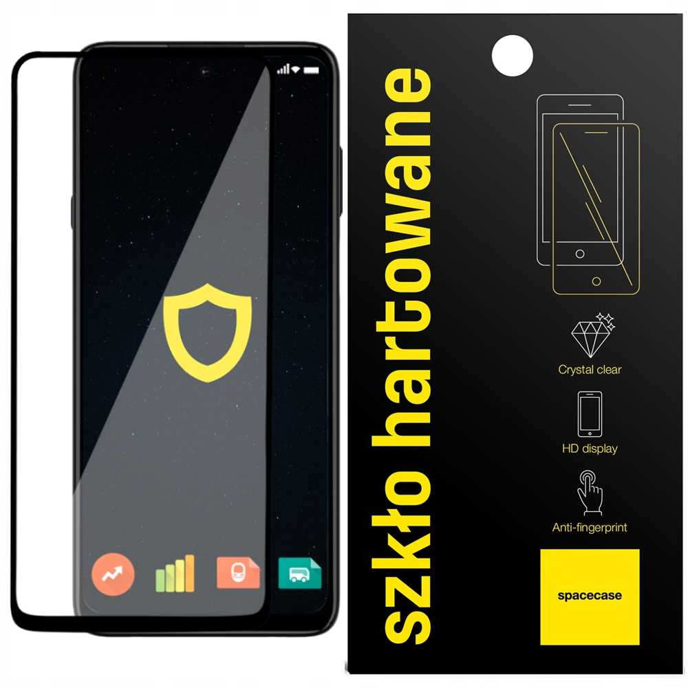 Telefon z ochraniaczem ekranu i czarny pakiet z żółtym tekstem.